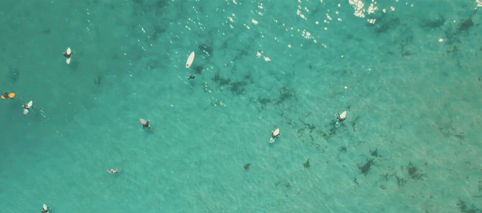 Vista aérea de surfistas na água